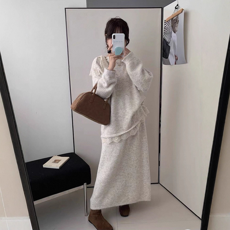 法式温柔风套装针织裙女秋冬大码胖mm蕾丝拼接毛衣半身裙两件套装|undefined