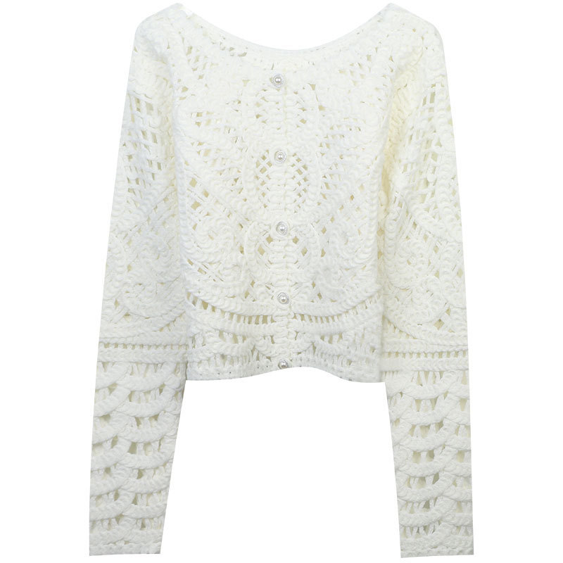 2025 New Summer Style Women's White Heavy Hand-Crocheted Cut Out Elegant Slim Simple Versatile Long-Sleeved Knitted Cardigan