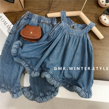 韩国童装女童宽松牛仔套装夏季新款洋气时尚儿童花边挂脖吊带外贸