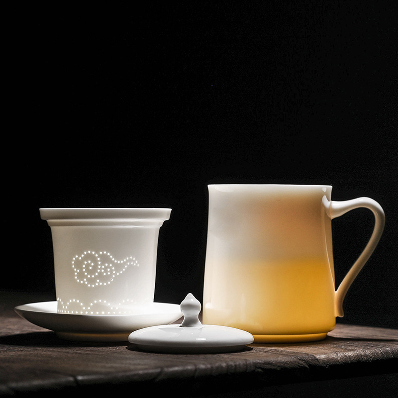 WBZ7羊脂玉白瓷帶蓋過濾茶杯大號陶瓷杯子個人辦公家用茶水分離泡