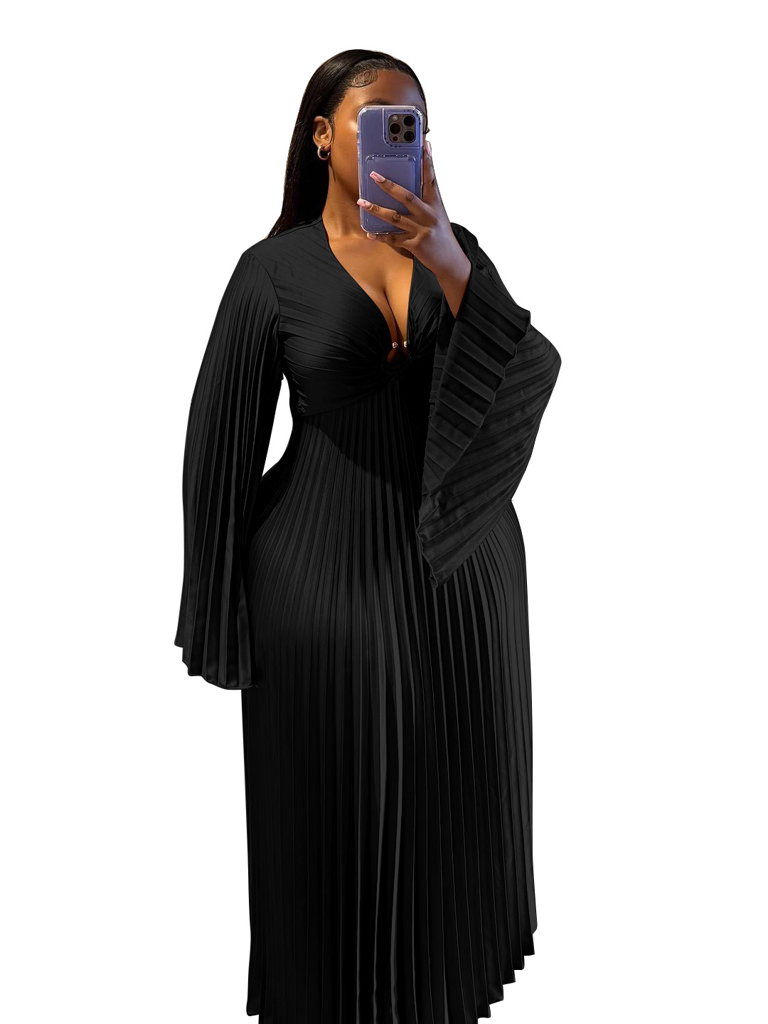 Women's Clothing Elegant Slim Fit Women's Dress V Neck Pleated Long Sleeve Solid Color Casual Spring/Autumn Dress_ecoleips.com