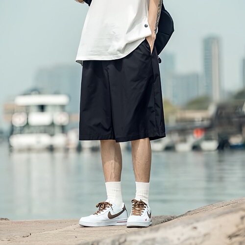 Summer Thin Drawstring Shorts Men's Teenagers Solid Color Five-Quarter Pants Loose Retro Casual Sports Straight Leg Mid-Length Pants 