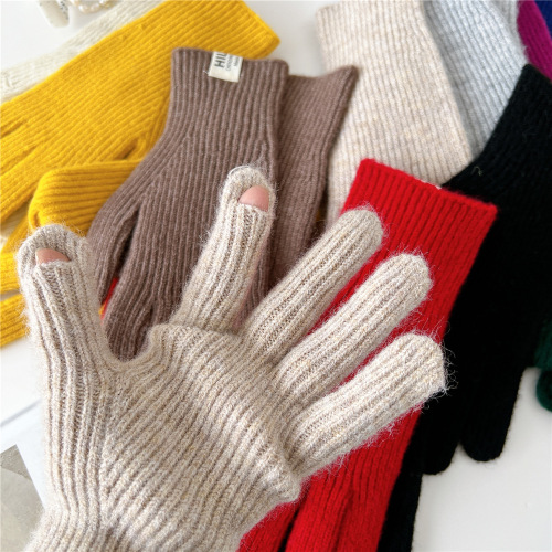 Solid color two-finger fingerless touch screen knitted gloves for women in autumn and winter, warm and fashionable, versatile student men's and women's woolen gloves