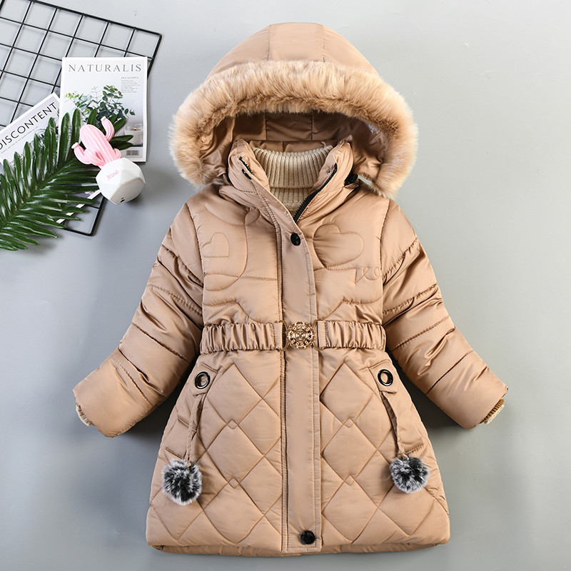 Winter clothes Korean girls' medium and long cotton coat coat heart-shaped rhombic pattern cotton coat wool collar hat coat