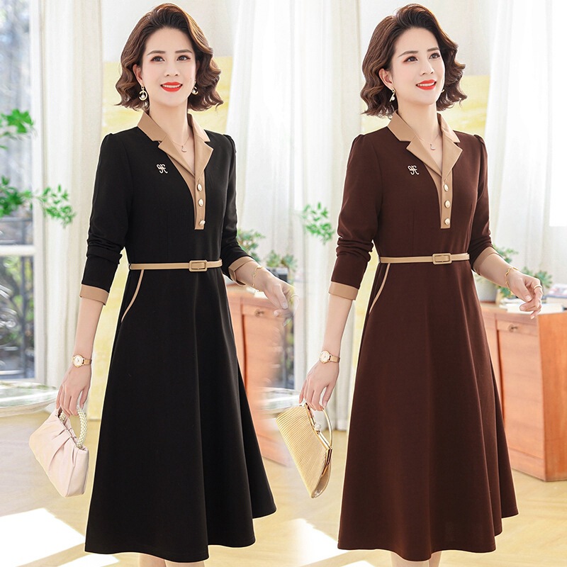 Middle-Aged Mother's Women's Dress, Belly-Covering Long Dress for Women, 50-Year-Old Elegant A-Line Dress for Spring and Autumn, Wholesale