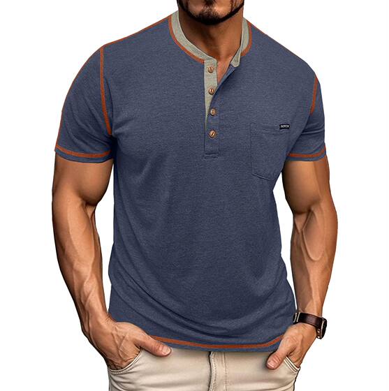 2025 Summer European and American Men's Short-Sleeved T-Shirts Export Men's Henry T-Shirts Cross-Border Clothing Round Neck Tops