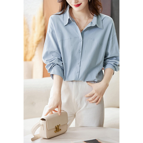 Women's Long-Sleeve Spring Loose Casual Medium-Length Blue Pure Cotton Shirt Blouse