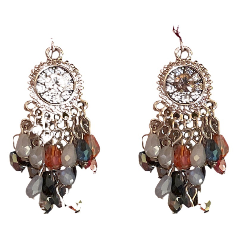 Pendientes de borla de cristal de flor de diamante con aguja de plata Pendientes de lujo ligero de estilo étnico retro Pendientes de sentido avanzado de nicho para mujer
