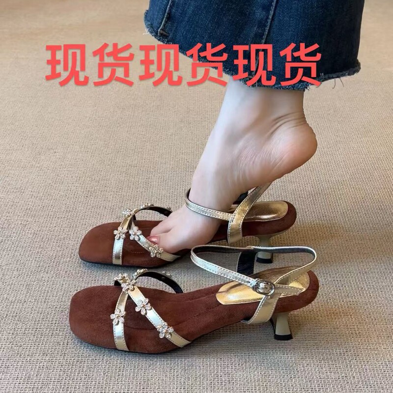 Ready-Made French Rhinestone Flower One-Line Square-Toe Genuine Leather Sandals, Feminine and Versatile, Matching Skirts, High-Heeled Roman Shoes
