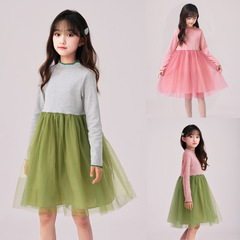 童裝新款拼色波浪韓版兒童連衣裙柔軟網紗女童裙子中小大童棉布裙