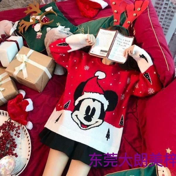 2025 Christmas Red Mickey Elk Sweater Women's Autumn and Winter New Trendy Fashion Lazy Style Outerwear Student Long Sleeve