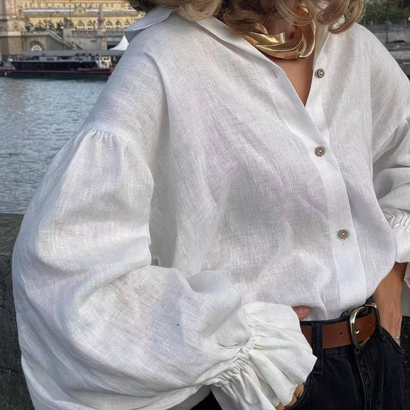 Wish Amazon Ebay European and American 2025 Autum New Pure Color Long-Sleeved Shirt Cotton and Linen Shirt Cardigan Women's Clothing