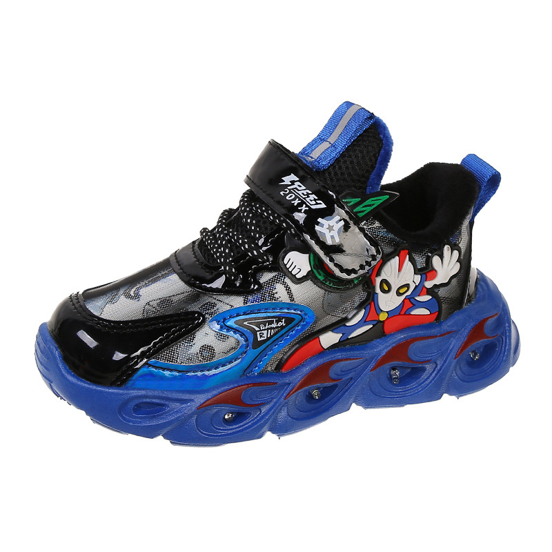 Primavera, Otoño e Invierno nuevos niños emisores de luz de dos algodón para niños grandes y medianos zapatillas de deporte zapatos de cuero de dibujos animados frescos para niños