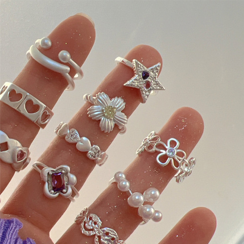Flower plain silver zircon open ring women's niche design high-end index finger ring simple cold style ring wholesale
