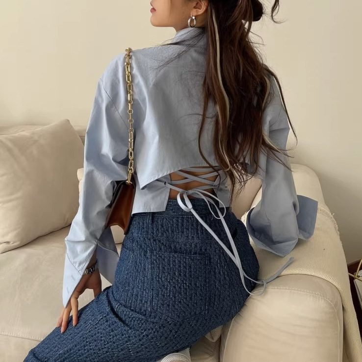 South Korea Chic Autumn New Design Sense Niche Elegant Back Strap Top Slim-fit Slimming Long-sleeved Shirt for Women