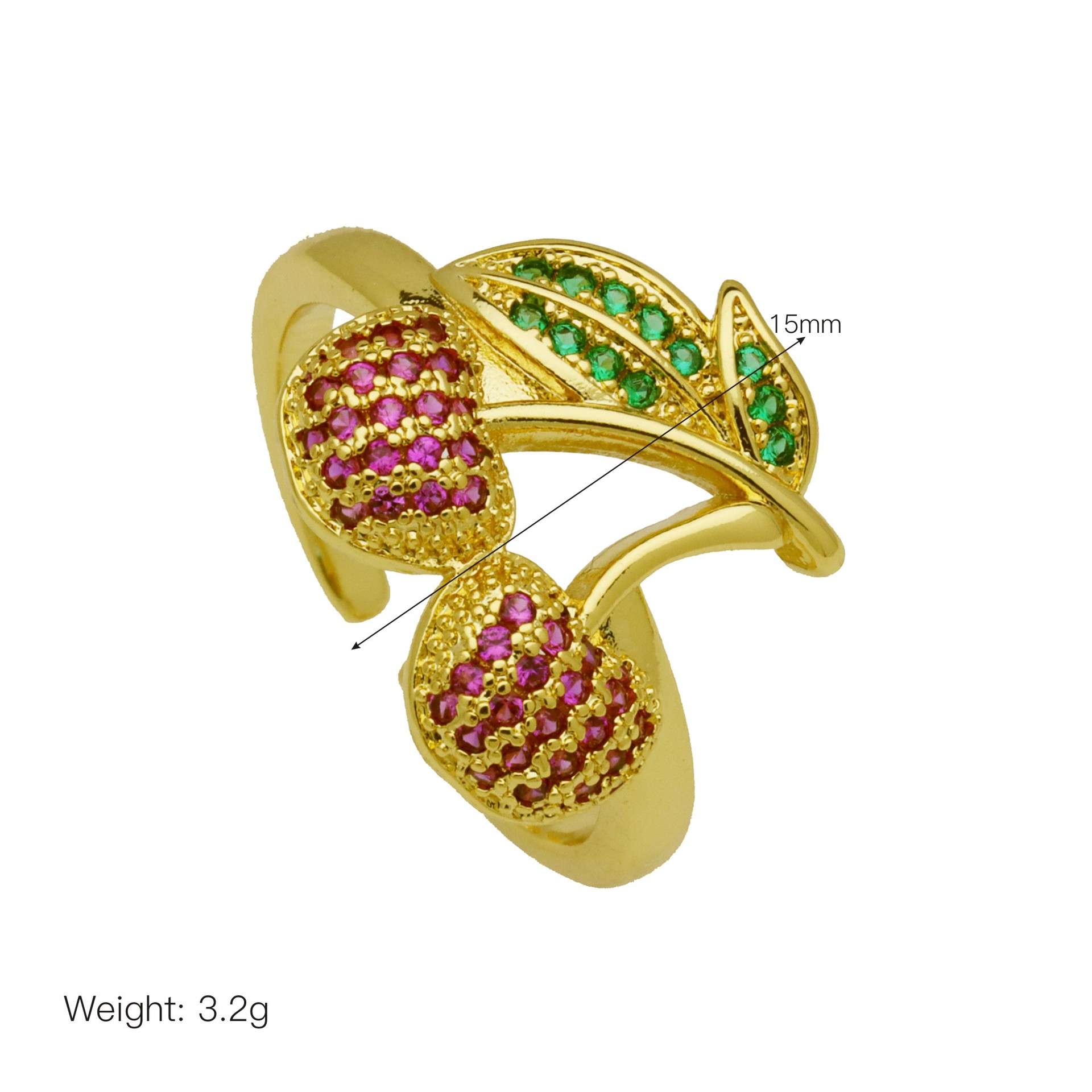 Cherry Pattern All Seasons Season Wholesale Jewelry Retro Classic Style Cherry Copper Zircon 18K Gold Plated Open Rings