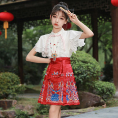 Children's Summer Traditional Chinese Short-Sleeve Set Thin Chinese Style Mahonia Skirt Short Dress National Trend Performance Hanfu