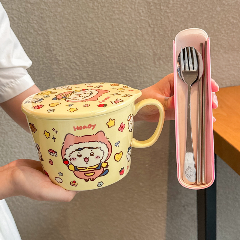 かわいいウサキ小八陶磁器泡麺カップ蓋付き学生寮用食器大容量ナット粉ボウルスープボウル|undefined