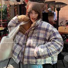 韩系冬季休闲格子设计感女加厚保暖棉服2025新款百搭小个子面包服