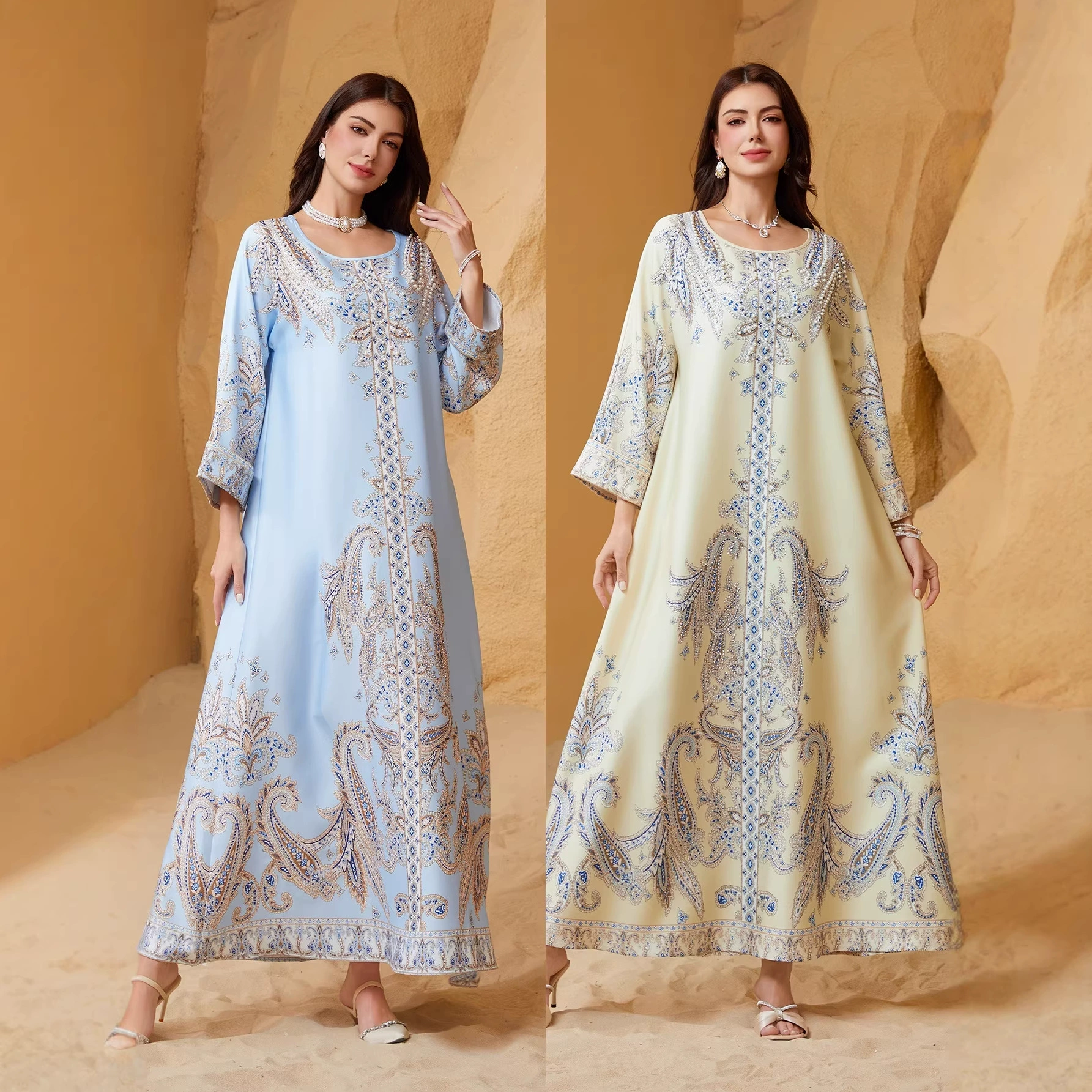 Женский халат ZD011ins с бисерным принтом, круглой горловиной и стразами в стиле абайя.