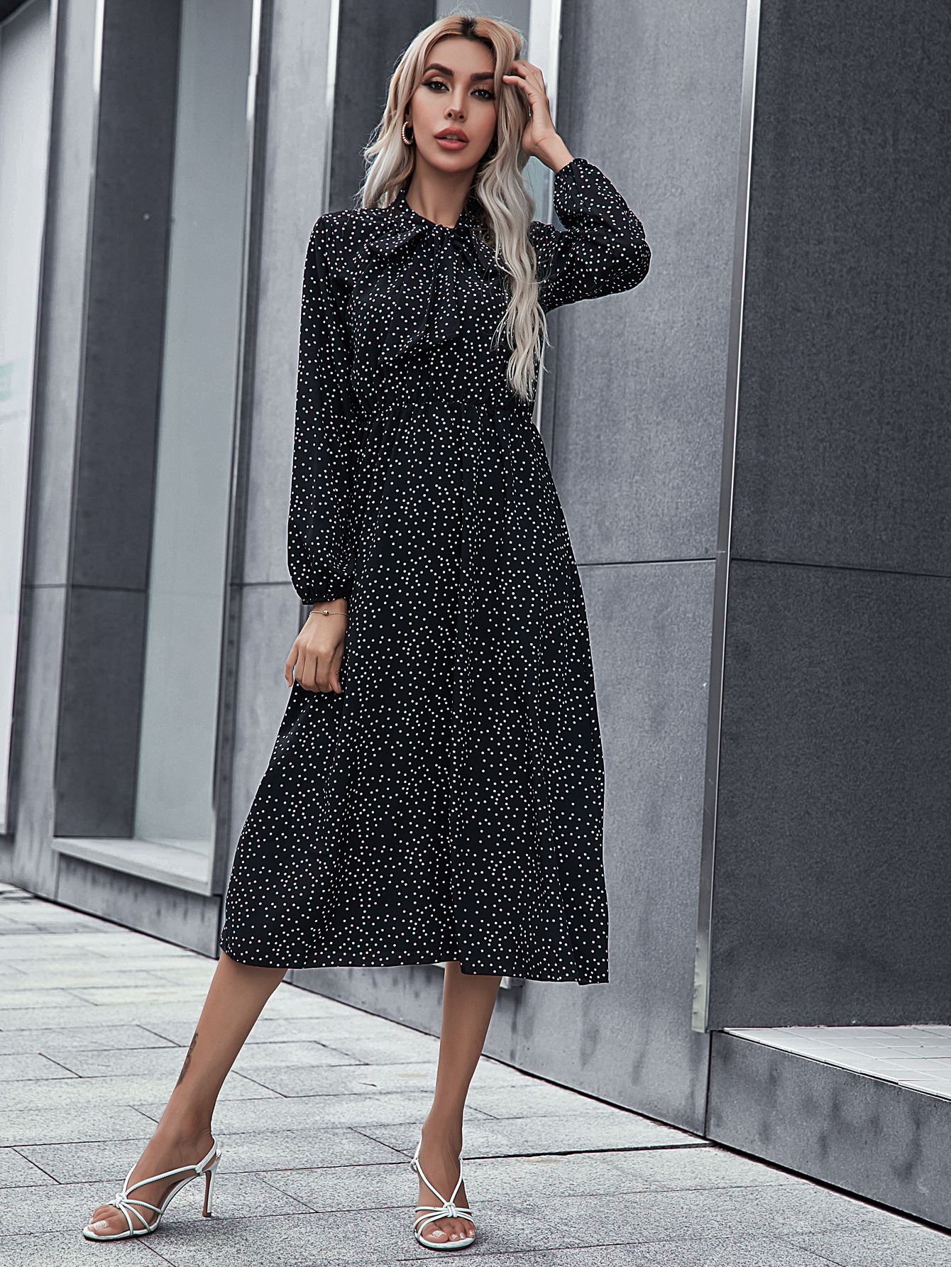 Printed Long Sleeve Lapel Dress NSCX72523