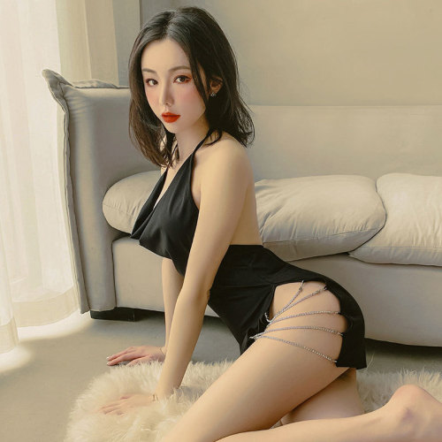 Sexy lingerie, female sexy pajamas, backless thin straps, rhinestone stitching, side slits, sexy suspenders for sleeping