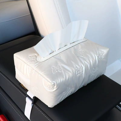 Car Tissue Box with Bowknot, High-End Feel, Glossy Surface, In-Car Hanging Type, Car Seat Back Storage Bag, Tissue Box (Car tissue box/set) - white