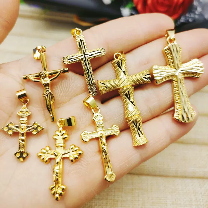 沙金十字架吊坠锁骨链男女现十字架项链货酷帅美式精致街头批发