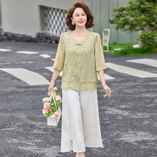 夏季妈妈短袖套装2026夏季新款中老年七分袖两件套洋气婆婆小衫