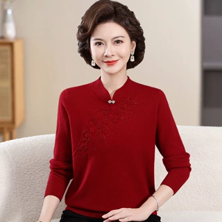 【100%纯羊毛】女装厚款秋冬中老年针织羊毛衫妈妈毛衣上衣打底衫