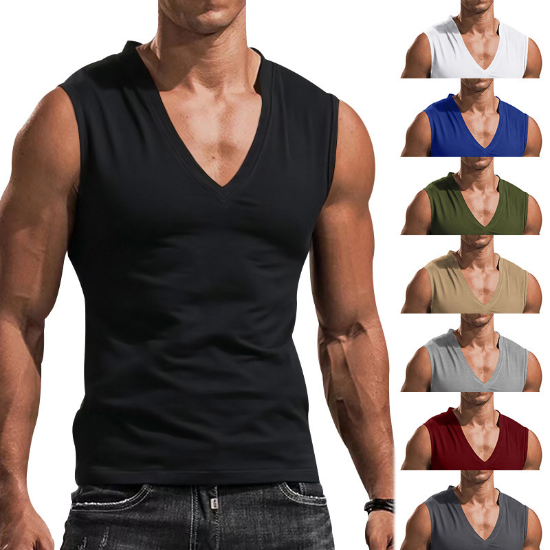 2025 Amazon Cross-Border Men's Waistcoat V Neck Vest Pure Color Casual Breathable Slim Sleeveless T-Shirt Men's Wholesale