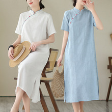 实拍2025夏季新款复古立领改良旗袍棉麻提花a型中长短袖连衣裙