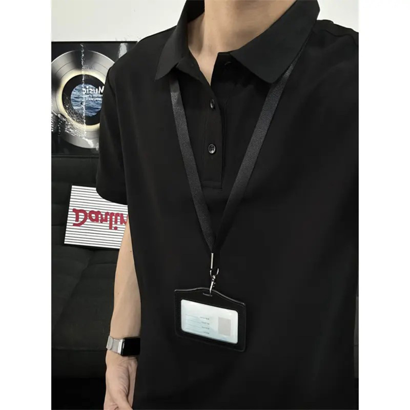 Black Straight-Shoulder American-Style Polo Shirt, Short-Sleeved, Unisex, Summer Turn-Down Collar T-Shirt, Light and Mature Korean Style, Suitable for Workplace and Commuting