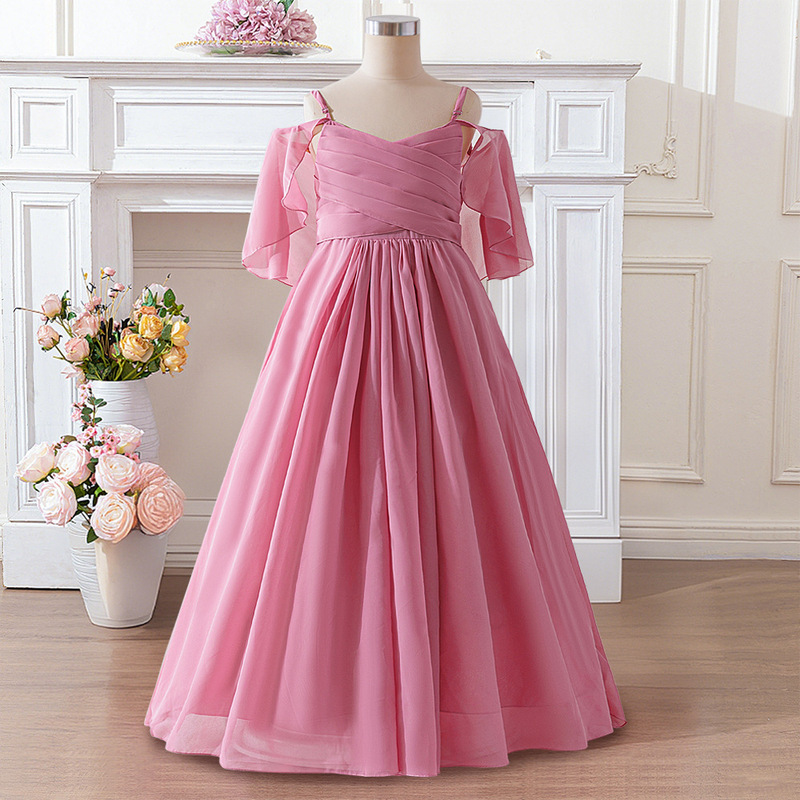 Cross-Border Girls and Teenagers Chiffon Dresses for Older Children, Suspender Wedding Dresses, Flower Girls, Birthday Party Long Skirts, Evening Dresses
