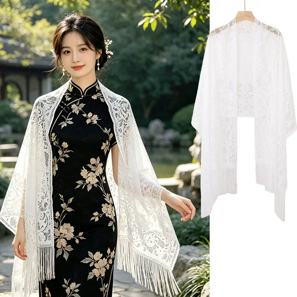 New Chinese-style artistic retro cheongsam shawl for travel photography, outerwear dress with buttoned tassel scarf and cardigan