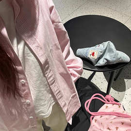 日系春季甜美粉色条纹刺绣长袖衬衫女休闲慵懒风百搭bm风外套衬衣