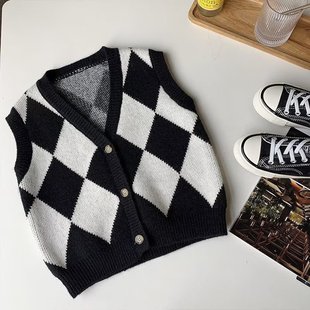 Children's Knitted Vest Boy Baby Rhombus Sweater Kidsren's Knitted Vest 2024 Spring and Autum New Outer Wear