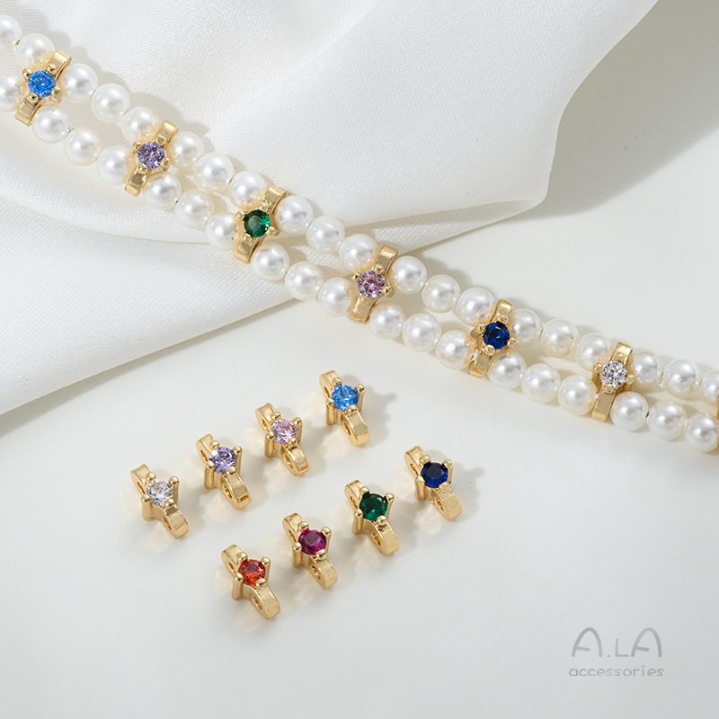 强保色14K铜包真金镶彩锆双孔双排隔珠配件diy串珍珠隔片饰品材料