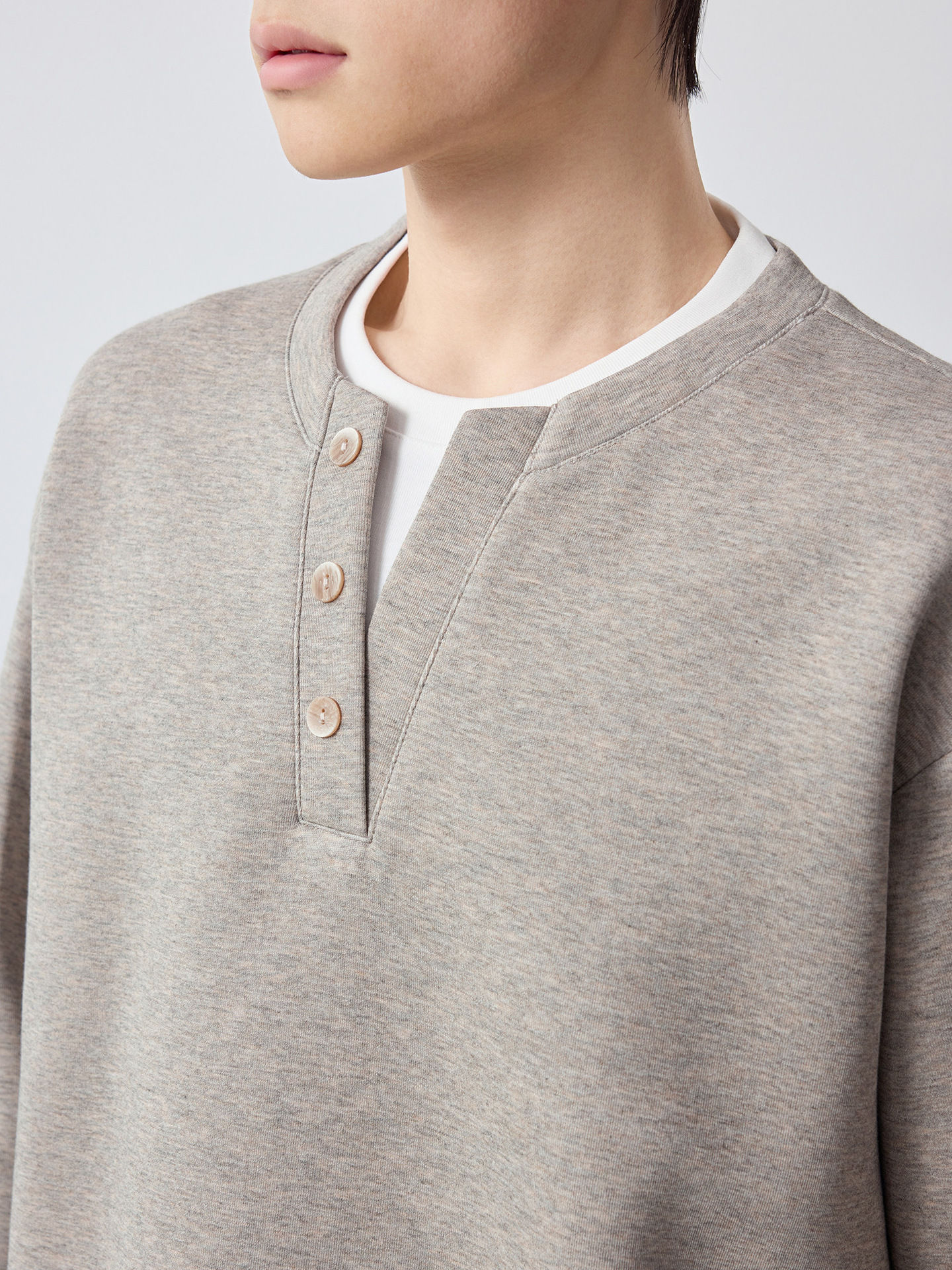 Áo hoodie nam nỉ hai lớp giả phối cổ tròn tay dài — Xám hoa sâu