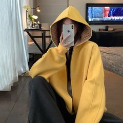 美式高街双面穿千鸟格外套女春秋cleanfit情侣宽松开衫连帽卫衣潮