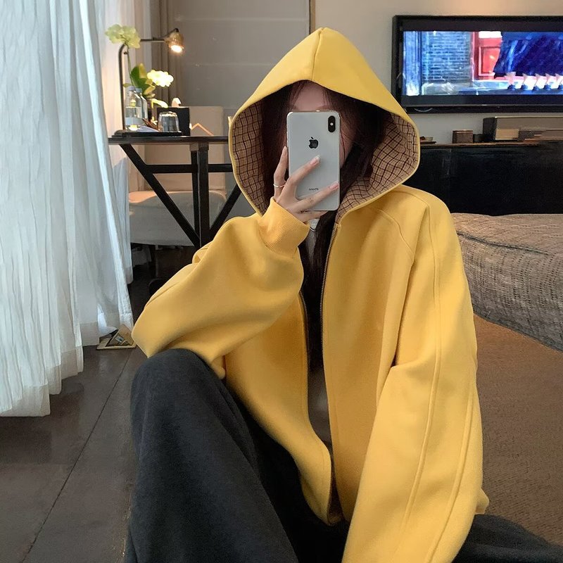 美式高街双面穿千鸟格外套女春秋cleanfit情侣宽松开衫连帽卫衣潮|undefined