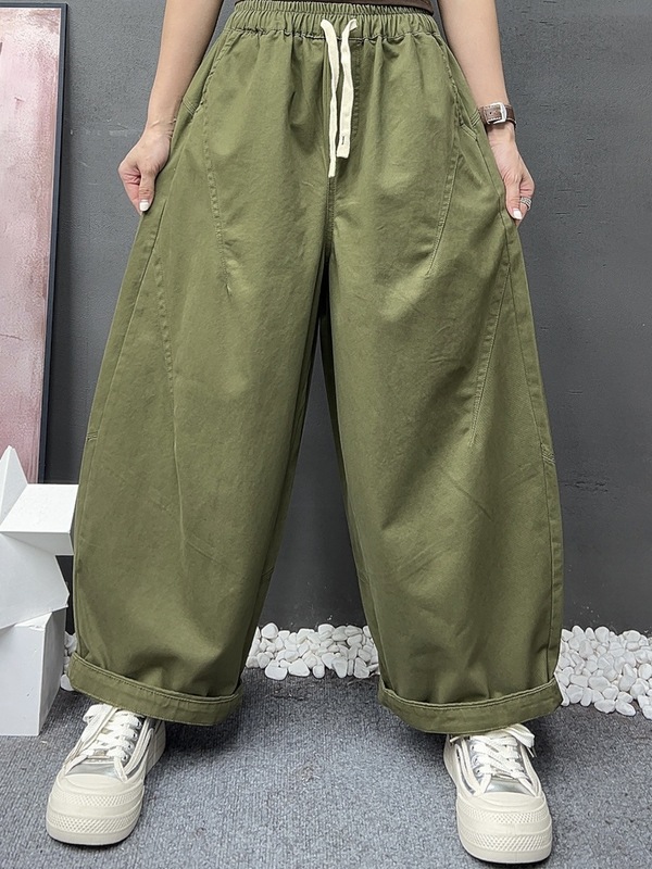 松紧腰抽绳水洗棉阔腿裤女 2025秋新款韩版宽松大码直筒裤 2542|undefined
