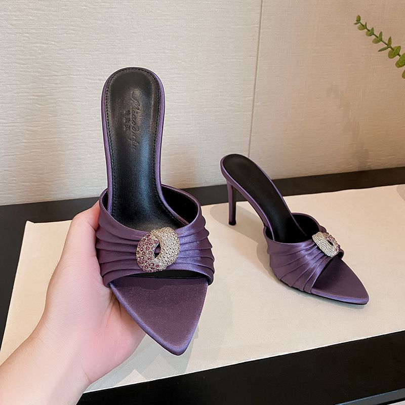 2026 Summer New Style Pointed-Toe Satin Rhinestone Metal Buckle Pleated Sandals with Thin Heels and Open-Toe High Heels for Women 2026 Summer New Style Pointed-Toe Satin Rhinestone Metal Buckle Pleated Sandals with Thin Heels and Open-Toe High Heels for Women