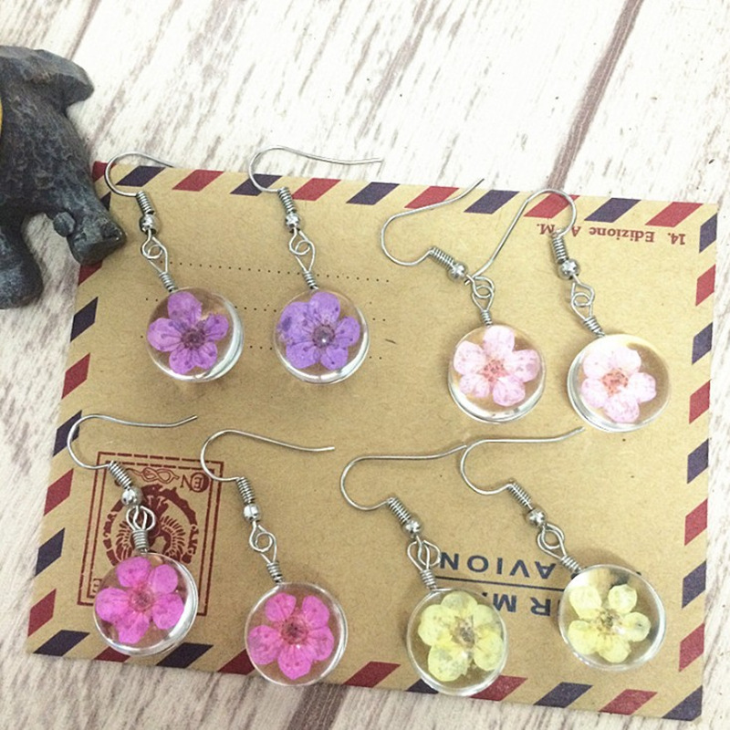 跨境热卖亚马逊干花玻璃球水晶耳环创意永生花樱花甜美耳坠批发