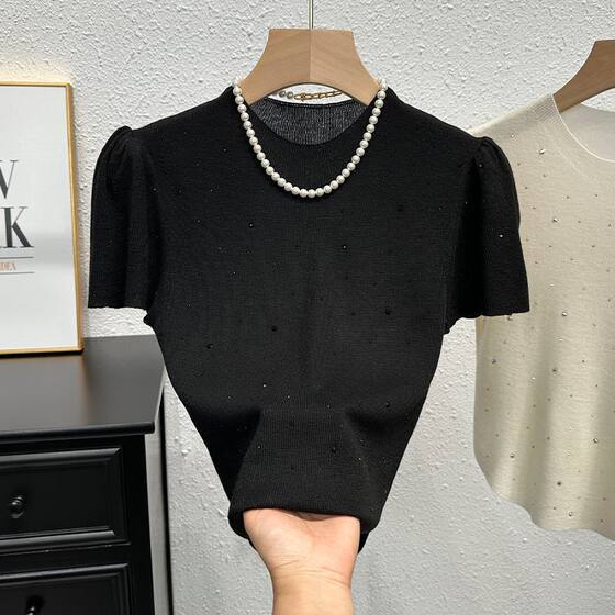 Without Necklace Short-sleeved T-shirt Women's 2025 Summer New Fashion Puff Sleeve Popular Beautiful Knitted Elegant Top