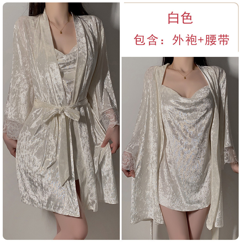 瑰若甜美蝴蝶露背睡衣纯欲惹火深V荡领丝绒睡裙外袍家居套装4887|undefined