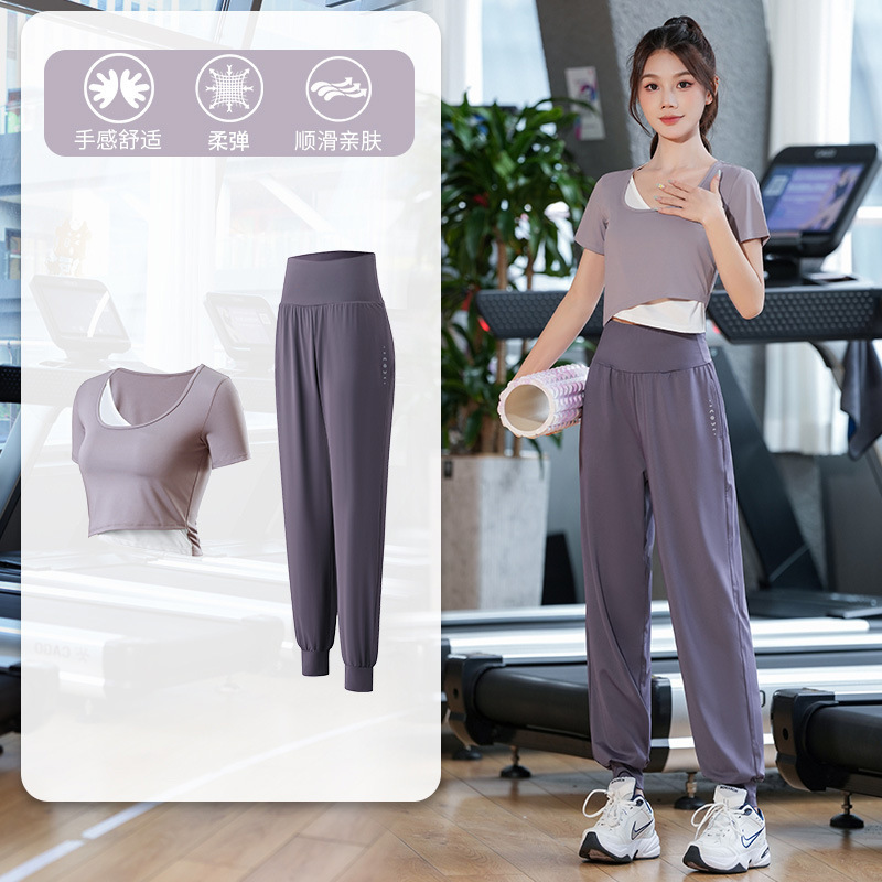 速干高弹运动套装女夏季新款显瘦短袖马卡龙绝美瑜伽服跑步大码装|undefined