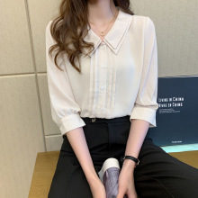 雪纺衬衫女2025夏季新款白色娃娃领设计感小众七分袖面试短袖衬衣