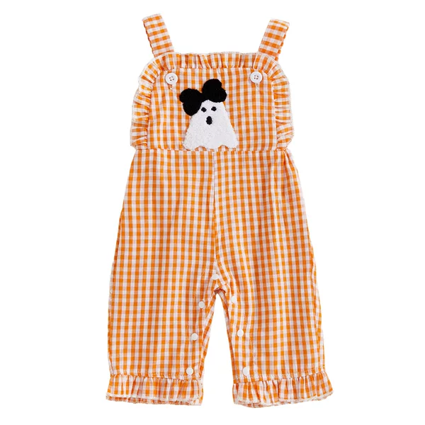 Amazon's New Halloween Style Baby Girl Orange and White Plaid Cartoon Embroidered Lace Suspender Jumpsuit Available in Two Options