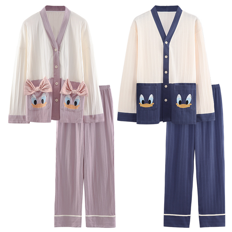 Pijamas de pareja de Mujeres de primavera y otoño de algodón de manga larga de los hombres más tamaño prendas de vestir exteriores cardigan simple